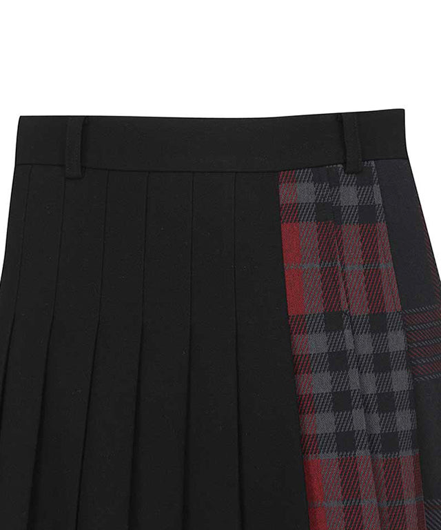 Women's Check Pattern Pleats Skirt - Black