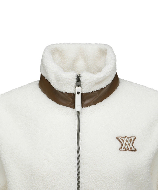 Women's Leather Patch Point Fleece Jacket - Ivory