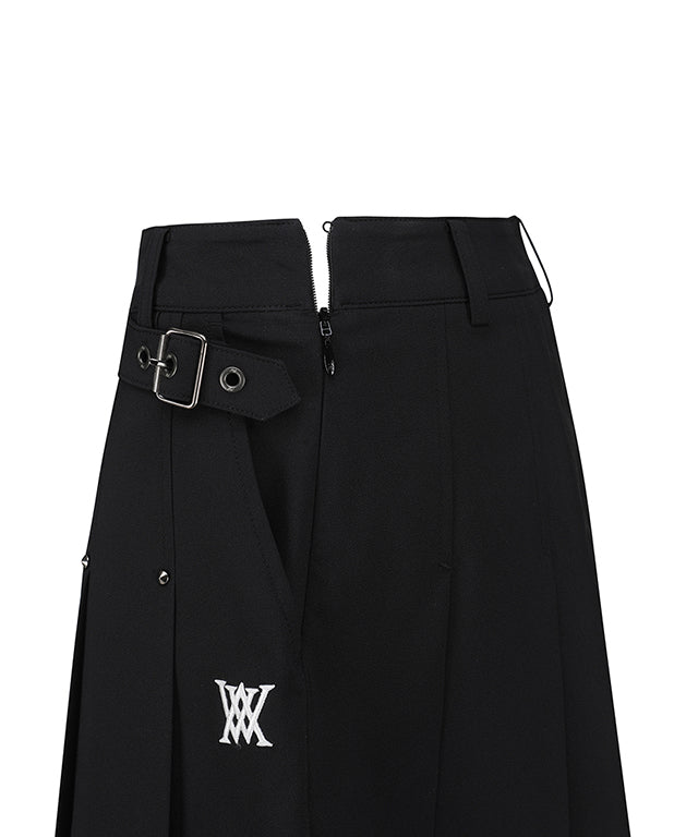 Women's Buckle Decoration Pleats Skirt - Black