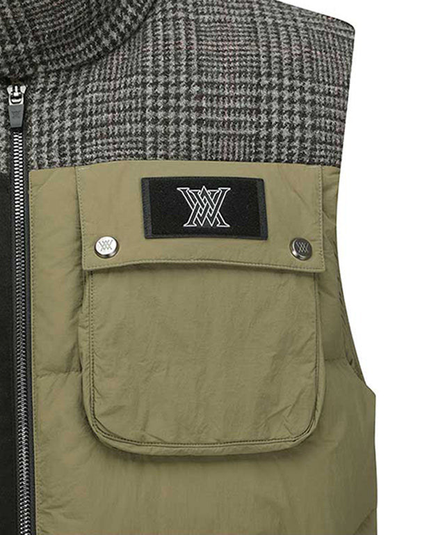 Men's Check Mix Down Vest - Khaki