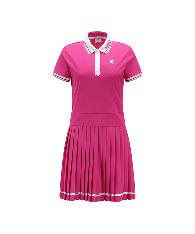 Pleated Skirt Pique Dress - Hot Pink