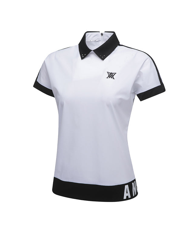 Women's Back Zip Shoulder Tape Point Short T-Shirt - White