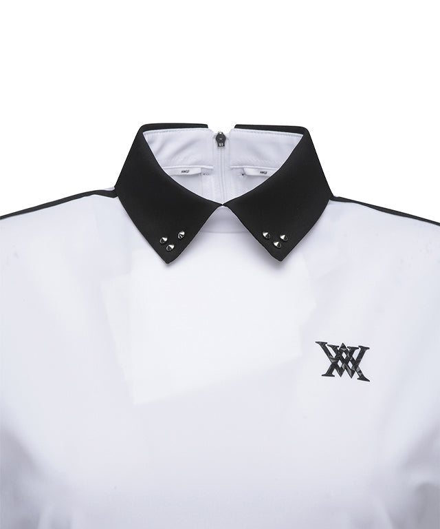 Women's Back Zip Shoulder Tape Point Short T-Shirt - White