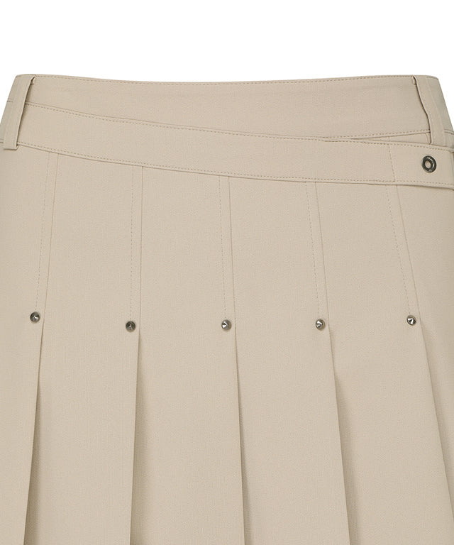 Women's Women Buckle Decoration Pleats Skirt - Beige