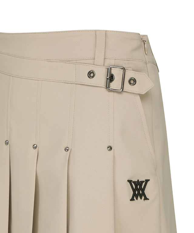 Women's Women Buckle Decoration Pleats Skirt - Beige