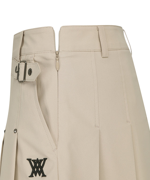 Women's Women Buckle Decoration Pleats Skirt - Beige