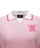 Women's Chest Big Logo Collar Short Sweater - Light Pink
