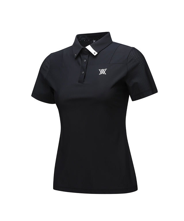 Women's Collar Point Back Ventilation Short T-Shirt - Black