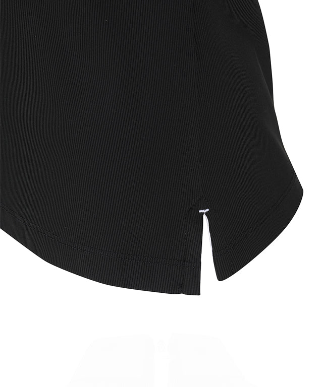 Women's Sleeve Block Back Zipper Point Ribbed Long T-Shirt - Black