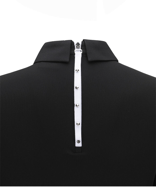 [Legacy Sale] Women's Sleeve Block Back Zipper Point Ribbed Long T-Shirt - Black