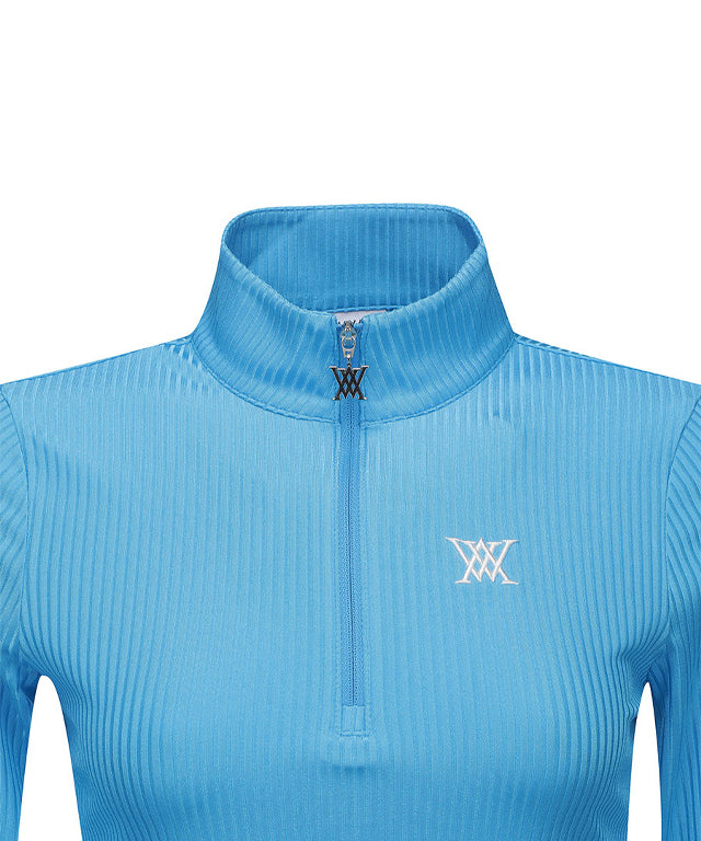 Women's Zipper Point Ribbed Long T-Shirt - Light Blue